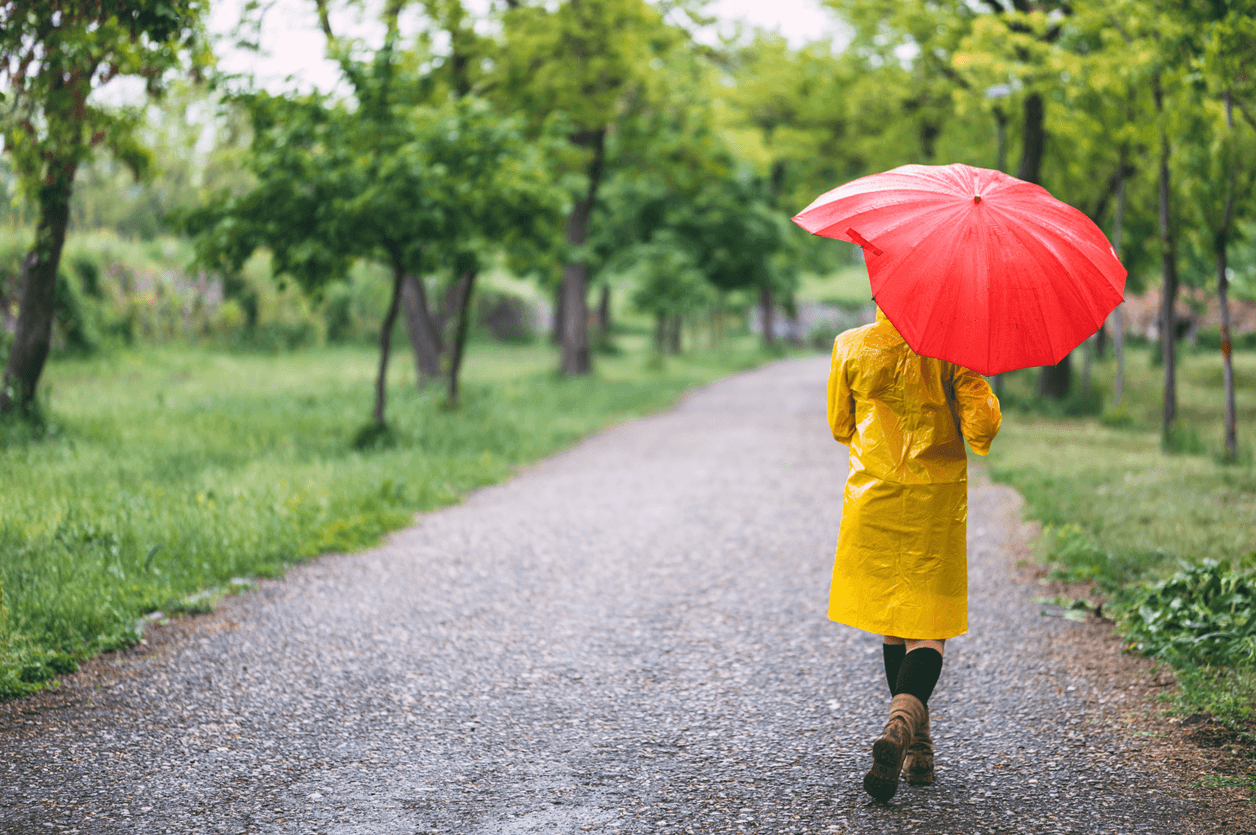 Lady in yellow rain coat with red umbrella